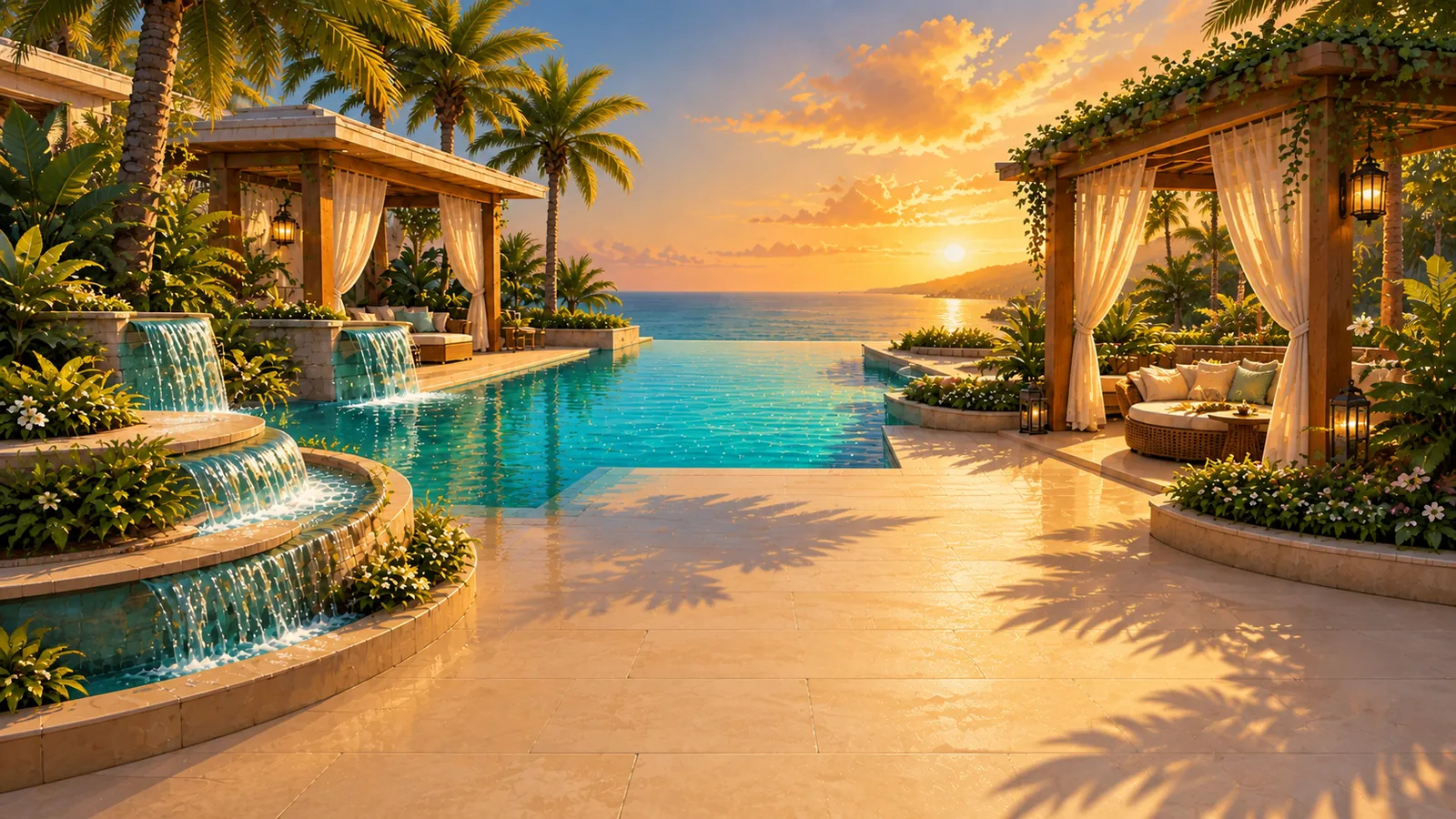 The infinity pool and cabanas in the afternoon sun