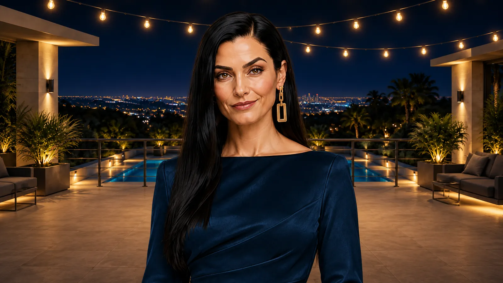 Camille Vane, host of The Pool House, on the terrace at night