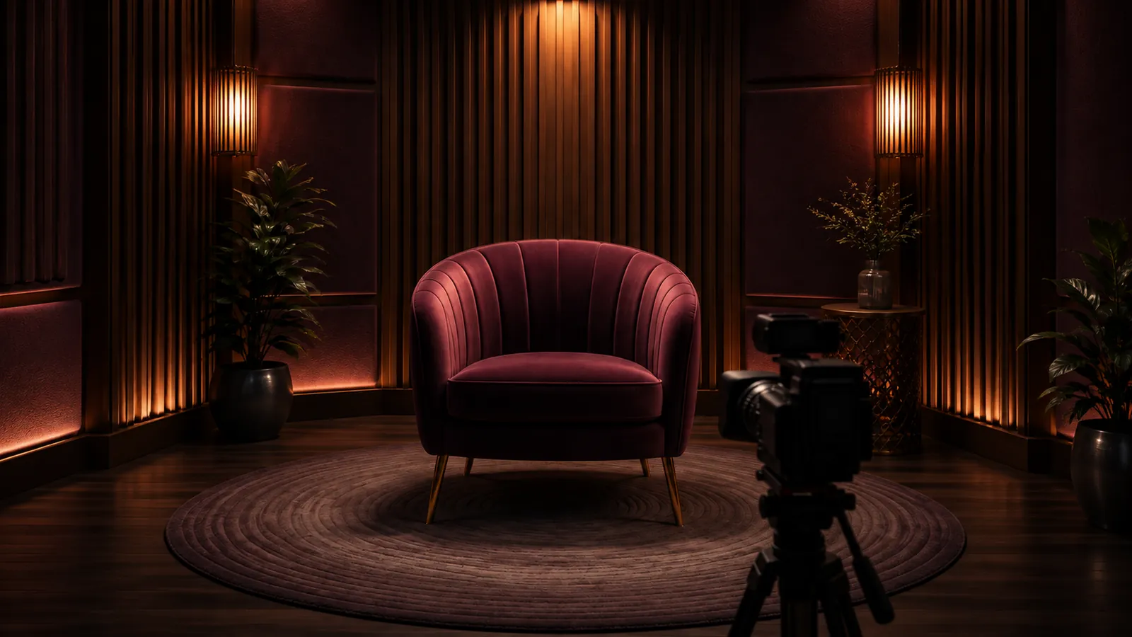 The empty confessional chair facing a camera