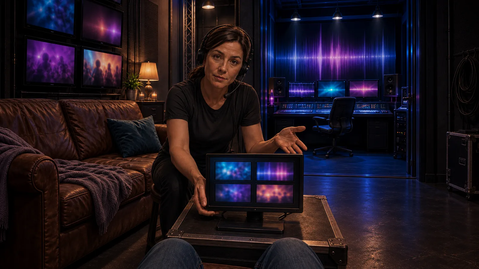 A producer in the edit bay holding up a tablet of clips